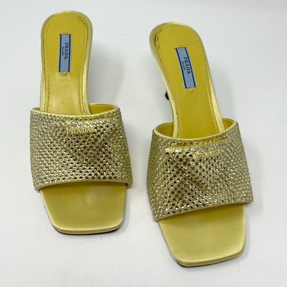 Prada Crystal Embellished Satin Mules Butter Yellow Triangle Logo Open Toe 37.5 - Picture 1 of 9